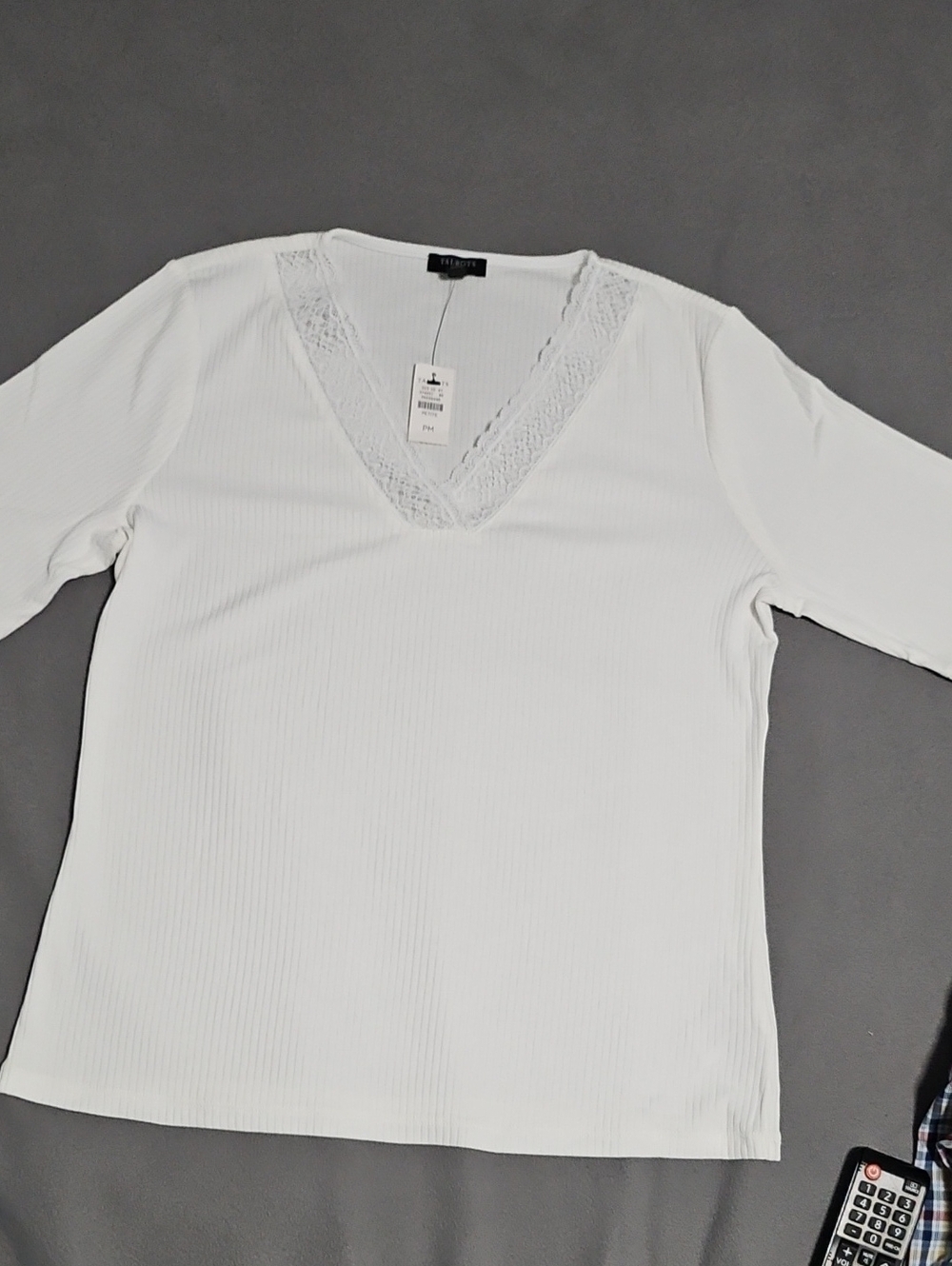 Talbots White Ribbed V-Neck Lace-Trim Top